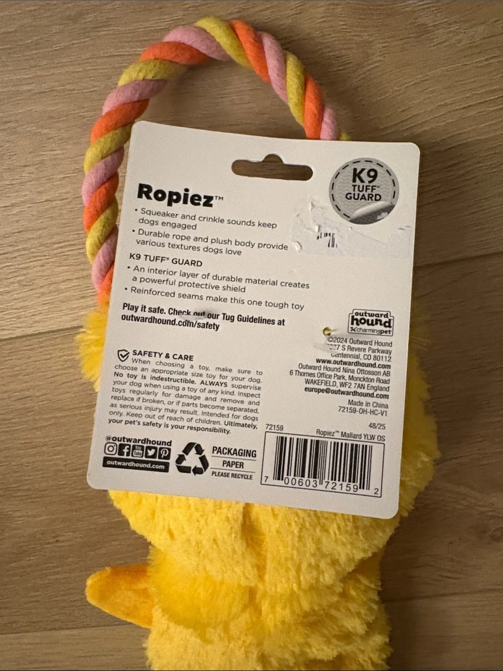 Outward Hound Yellow Duck Plush & Rope Tug Toy